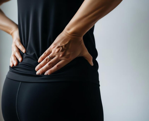 woman experiencing back and legs aches from sitting all day