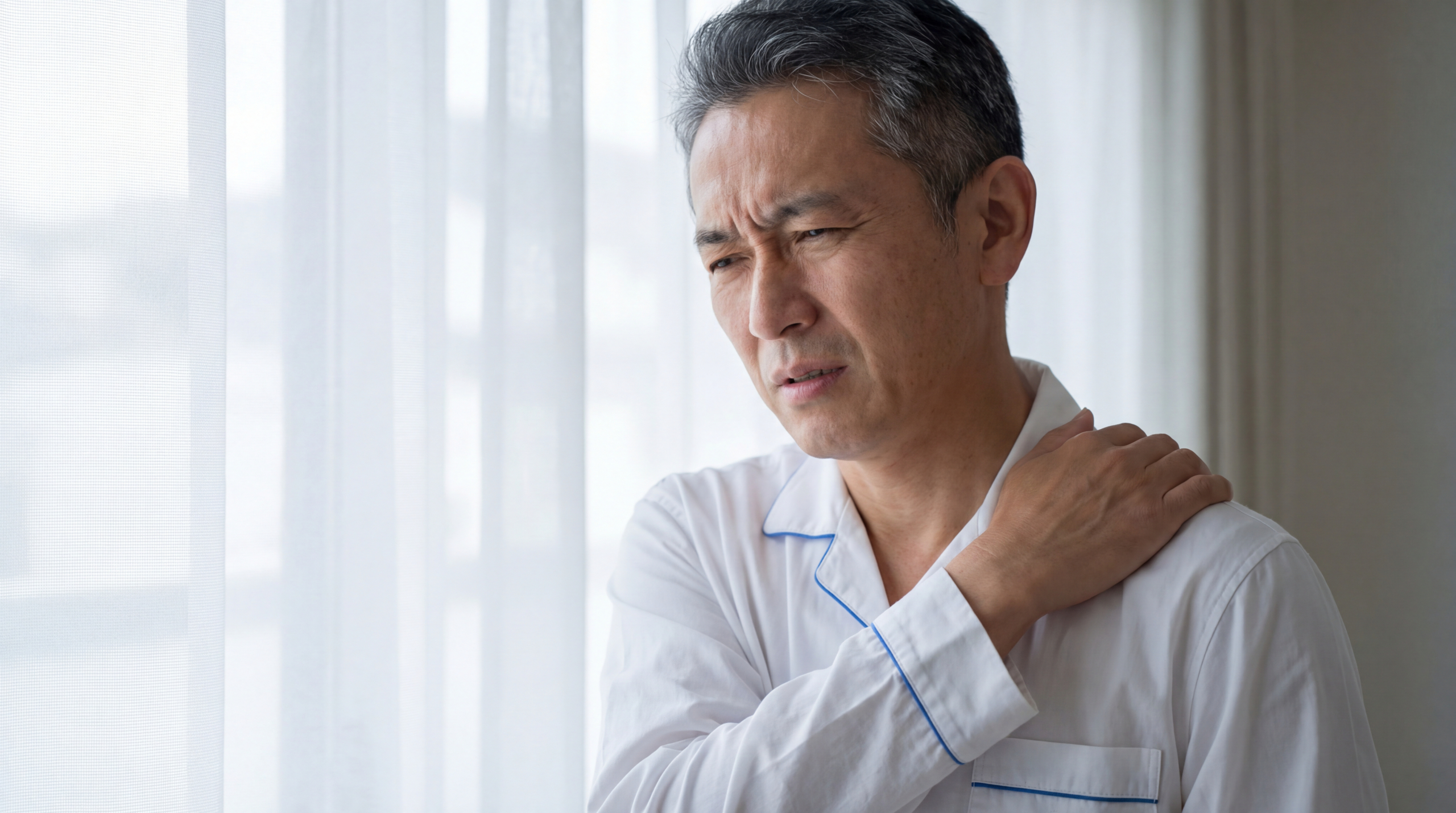 Person holding painful shoulder in need of frozen shoulder treatment