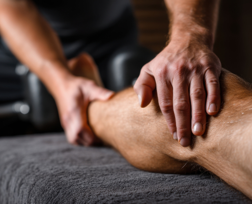 sore muscle relief - man holding sore leg muscles after workout