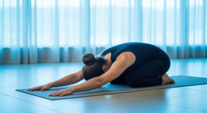 vecteezy woman performing childs pose on yoga mat for flexibility and 70628710