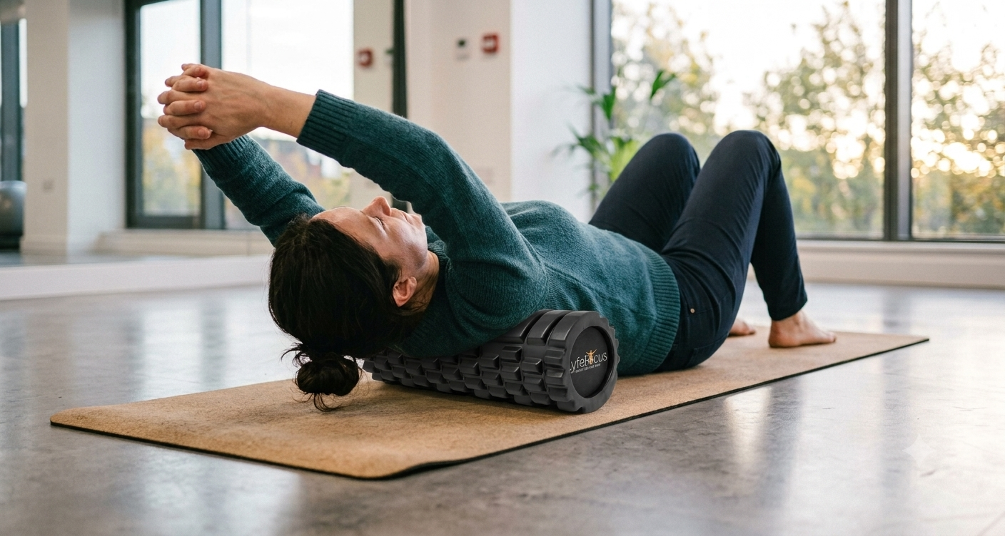 Person lying on floor with back roller balls beneath the shoulder blades for thoracic mobility work Person lying on floor with back roller balls beneath the shoulder blades for thoracic mobility work