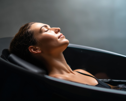 Woman tracking her safe ice bath duration in an outdoor cold water therapy pod to optimize muscle recovery