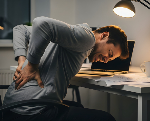 Person holding lower back in pain portable back support can help prevent daily discomfort