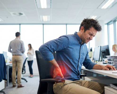 Adult experiencing lower back pain, the most common reason people seek NHS recommended back support