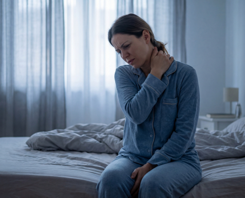 Woman pressing her neck and shoulders due to trigger point muscle tension