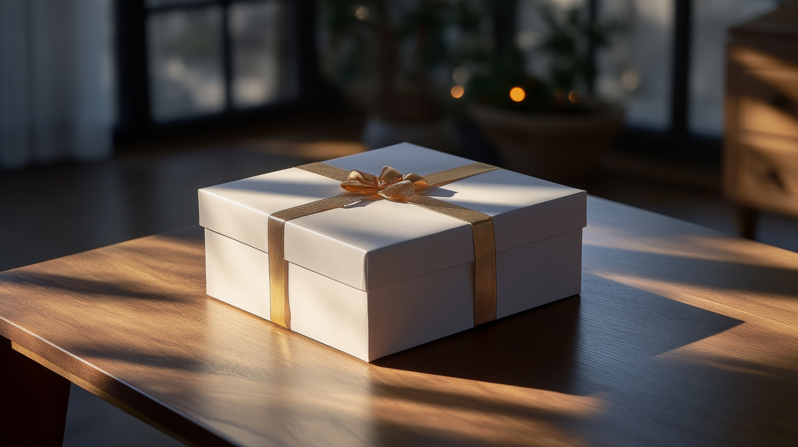 vecteezy a white gift for a desk worker with a golden bow on a wooden table 53736272