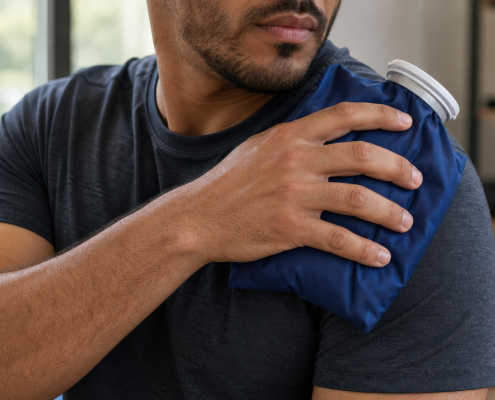 Heat or ice for muscle soreness after a workout using a hot and cold therapy pack