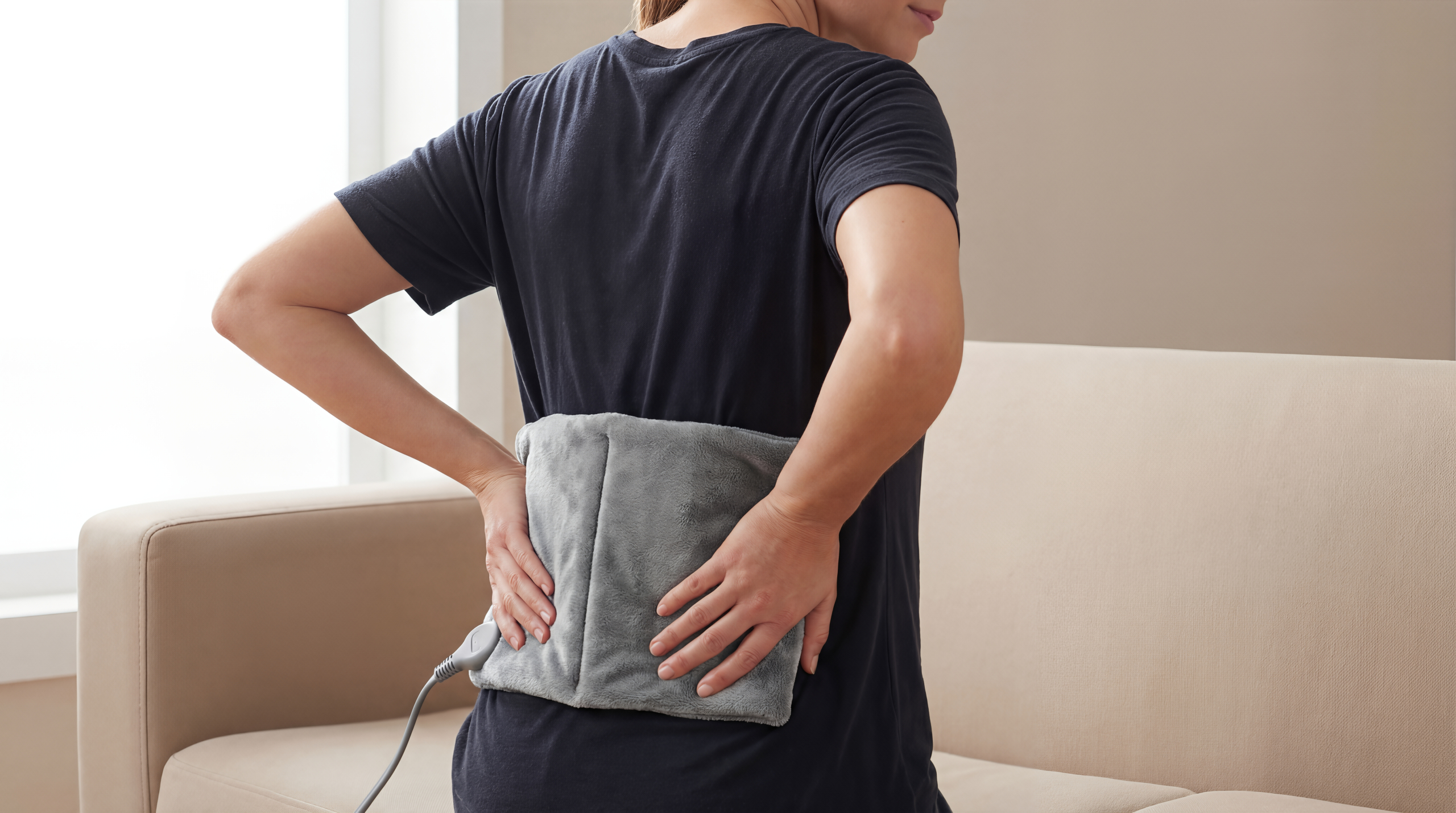 Person applying a hot cold pack for lower back pain