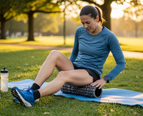 Person using a foam roller for legs to ease quad and calf tightness